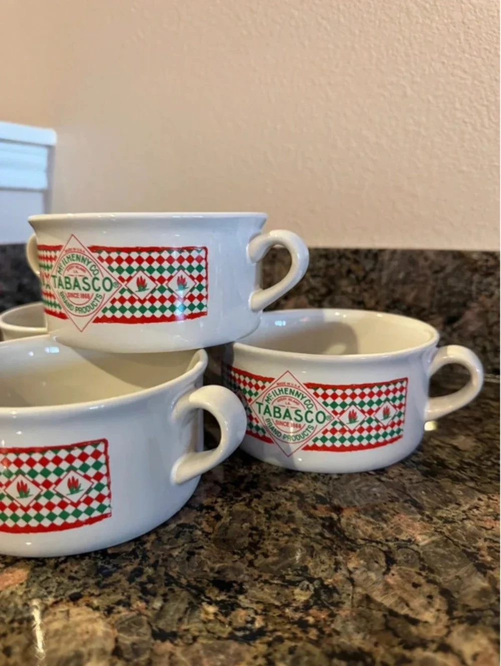 Set of 4 Vintage Tabasco double-handled ceramic soup made by Houston Harvest
